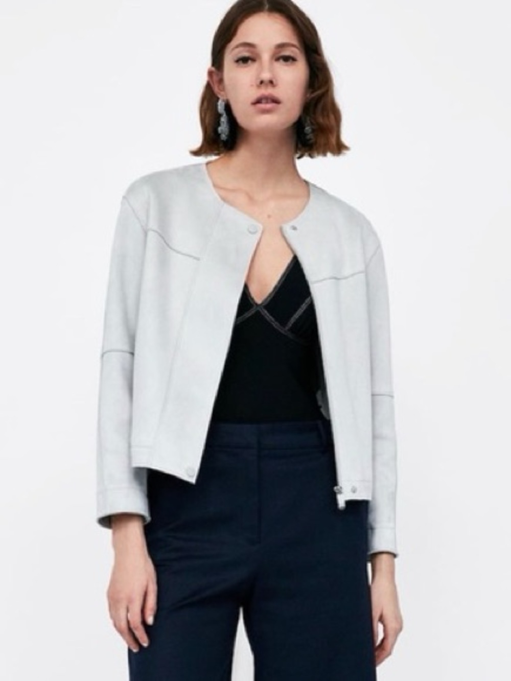 Zara Light Gray Collarless Suede Jacket